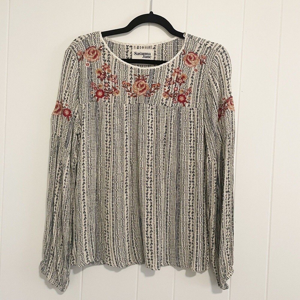 Savanna Jane Boho Embroidered Peasant Blouse Floral